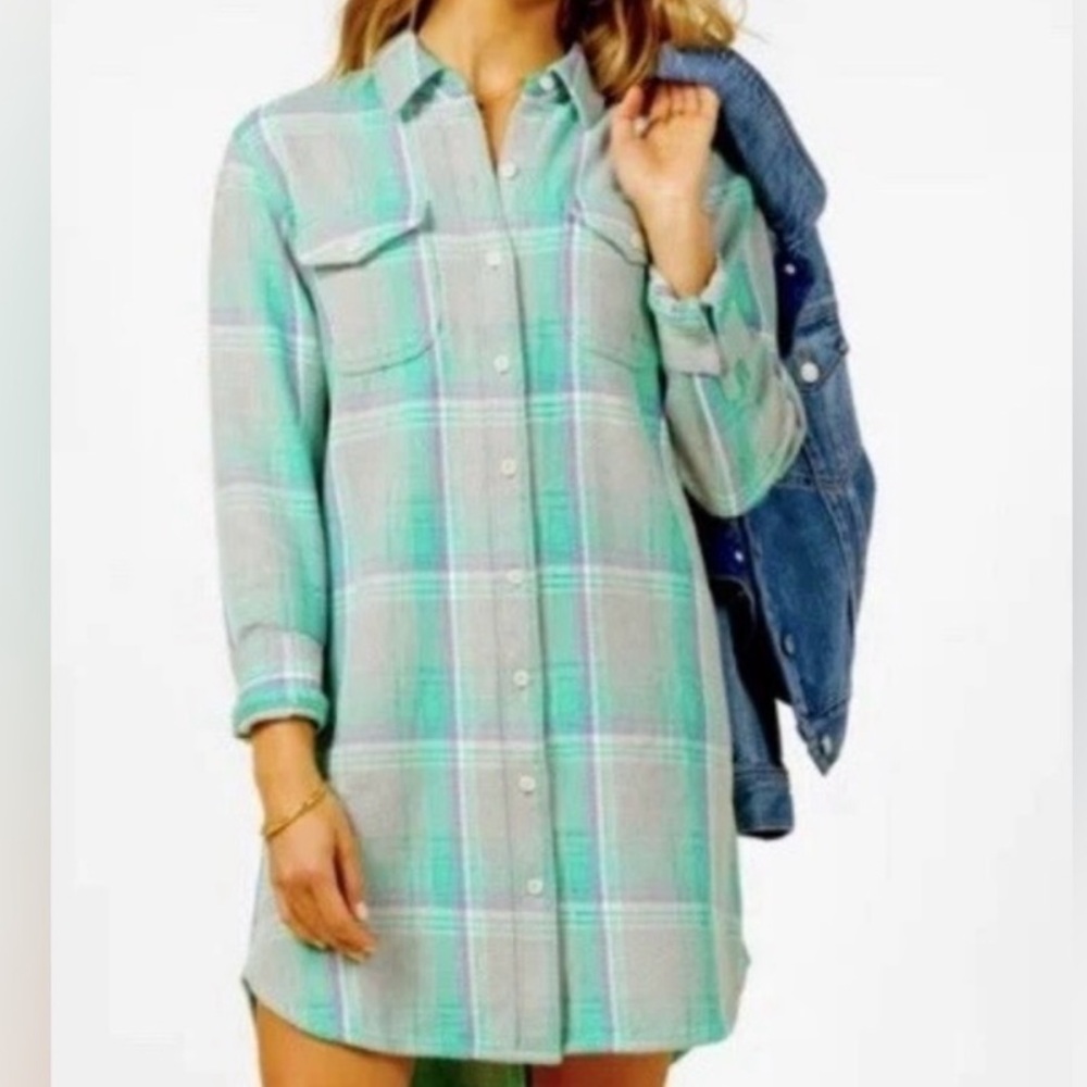 Plaid Button-Front Shirt Dress in Mint Green